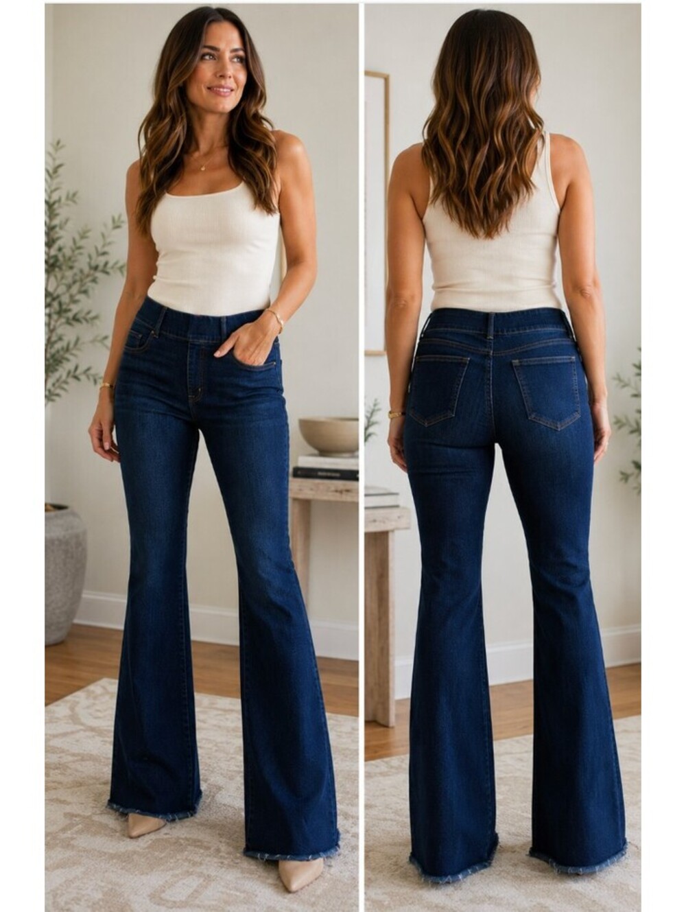 SPANX Pull-On Flare Jeans Raw Hem Dark Wash Size Large